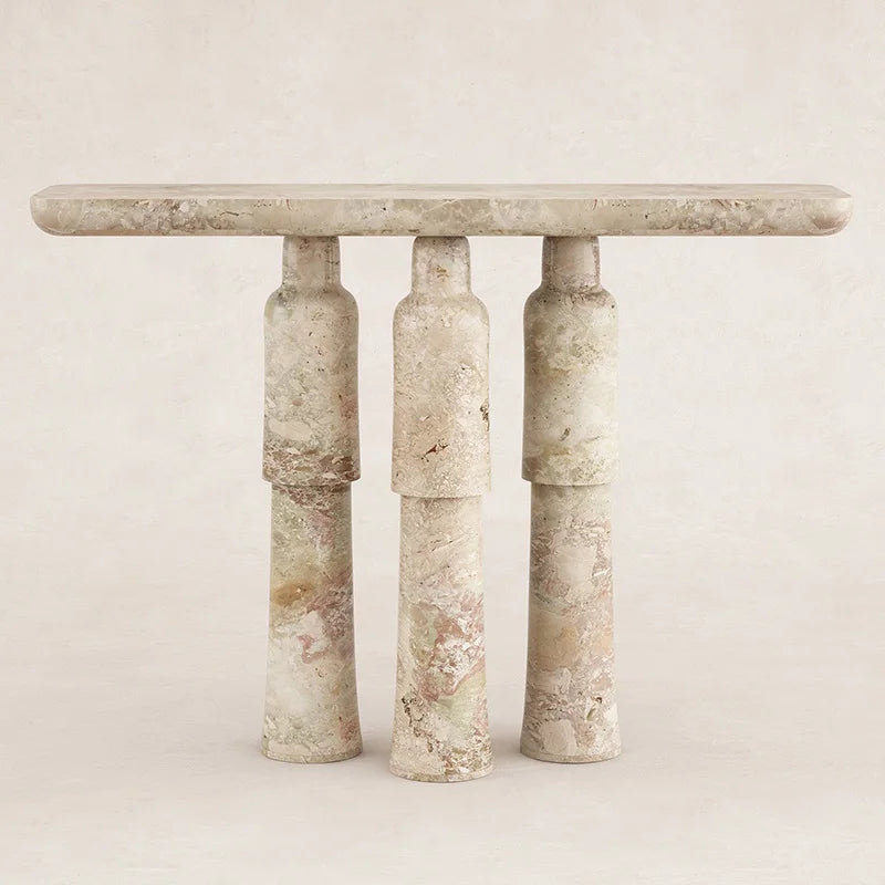 Natural Pink Mixed Onyx Marble Triple Bottle Leg Console Table Rectangular Stone Hallway Table Dream Home