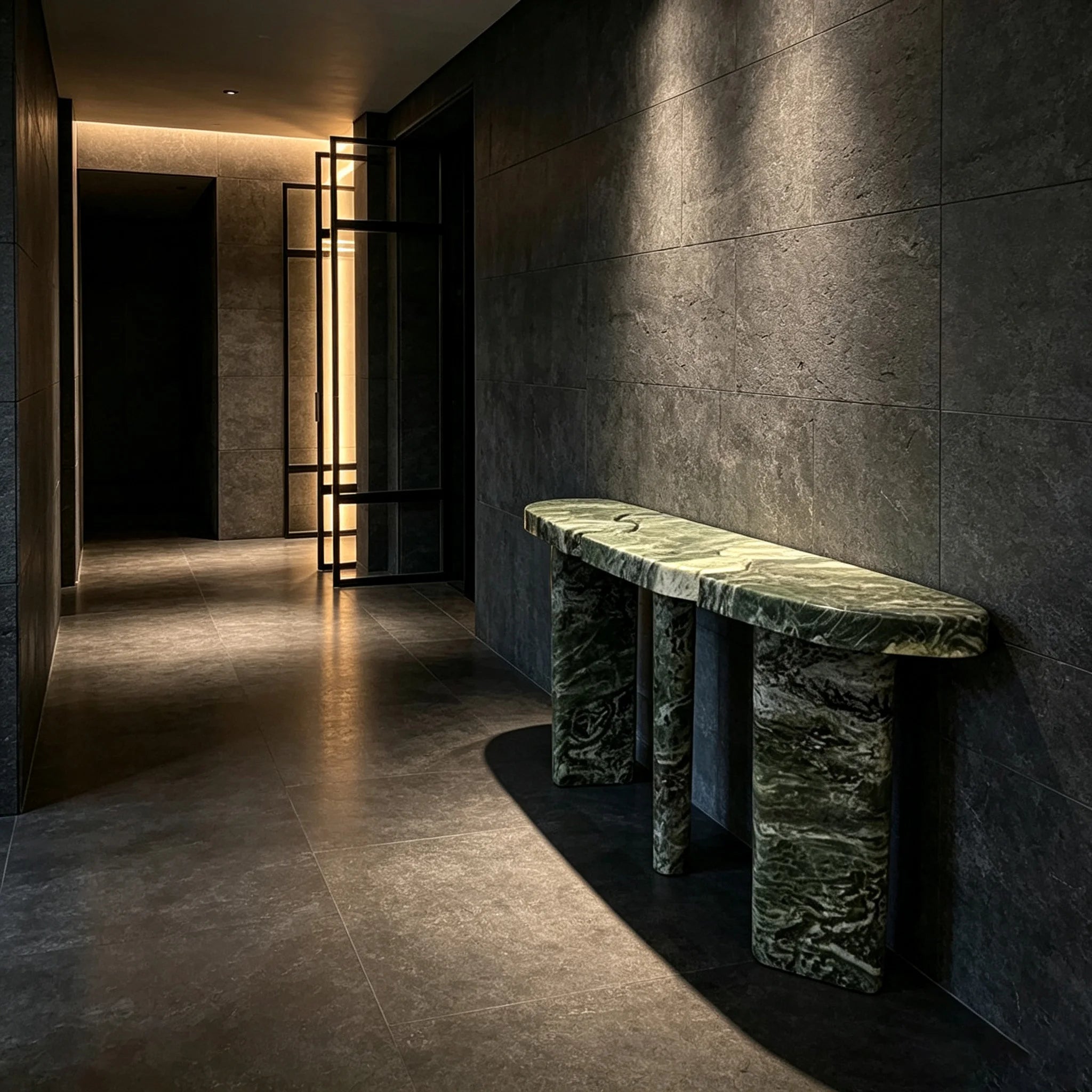 Dream Home Organic Green Streak Marble Console Table 3 Split Interlocking Top Triple Thick Block Leg Hall Decor Table - Image 5