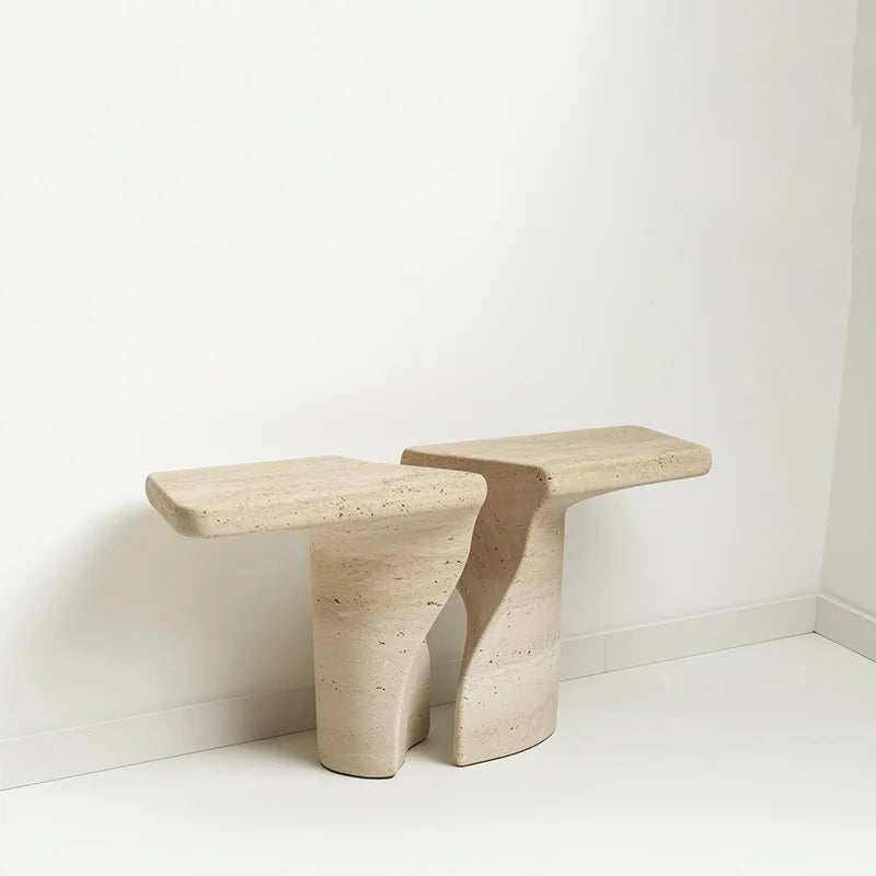 Split Curved Twist Leg Entry Table Polished Banded Travertine Slab Abstract Organic Sculpture Neutral Hall Marble Table - Image 4