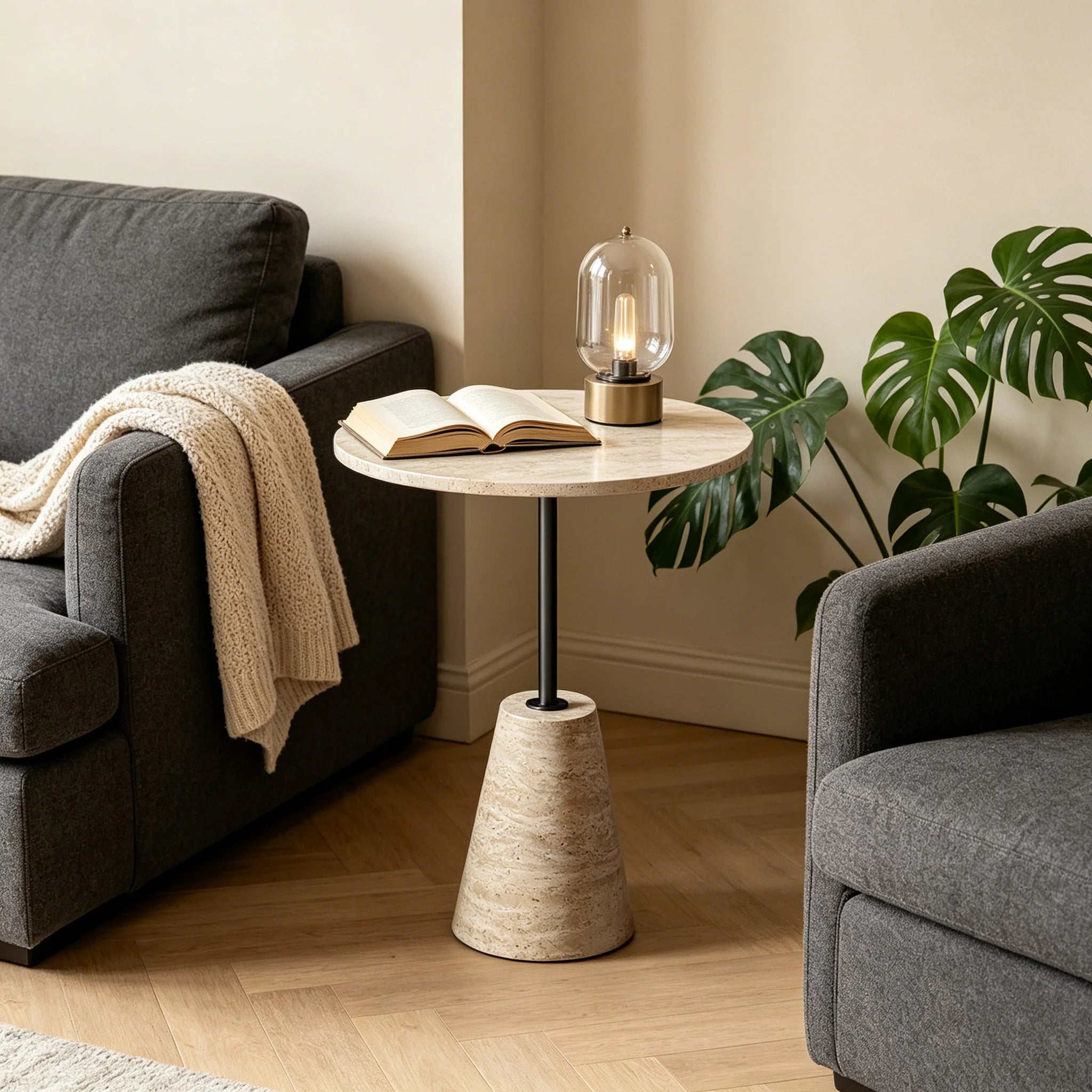 Dream Home Travertine Side Table Conical Base Metal Stem Round Top Wabi Sabi Living Room Accent Furniture - Image 5