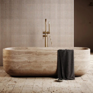 Rectangular Rounded End Stone Bathtub Full Straight Side Elongated Block Vessel Beige Cave Rock Master Bath Sculpture Tub