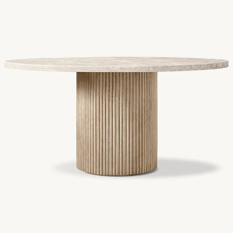 Dream Home Solid Oak Round Dining Table Full Vertical Fluted Cylinder Pedestal Wabi Sabi Villa Dining Room Furniture - Image 7