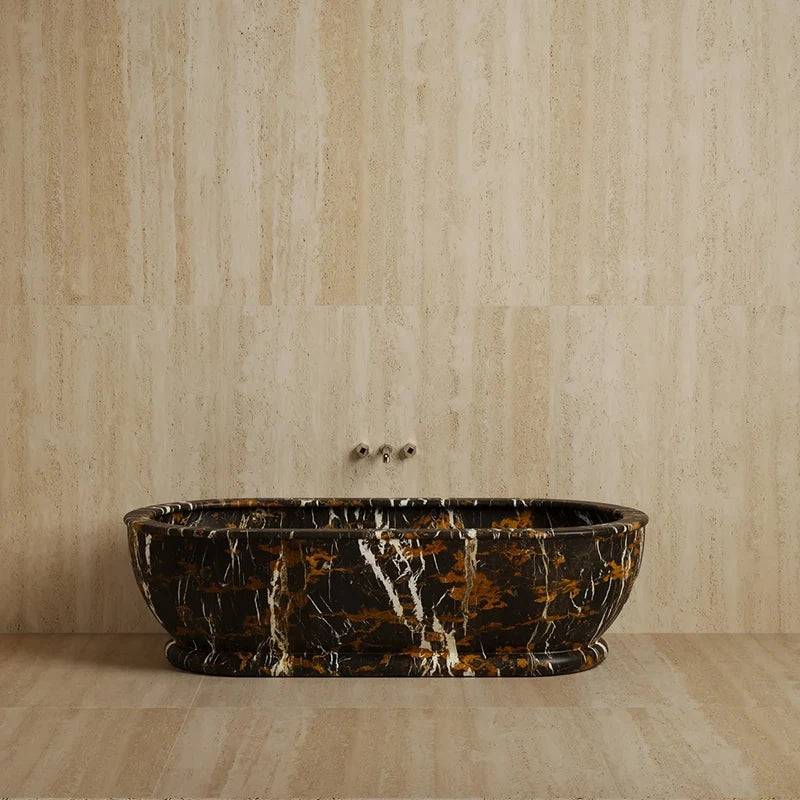 Full Integrated Solid Stone Soaking Tub Elongated Rounded Oval Shape Multi Natural Stone Vein Villa Master Bathroom Bathtub - Image 6