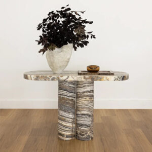 Dream Home Dazzling Dark Banded Marble Console Table Twin Solid Cylindrical Onyx Pillar Elongated Oval Foyer Display Desk