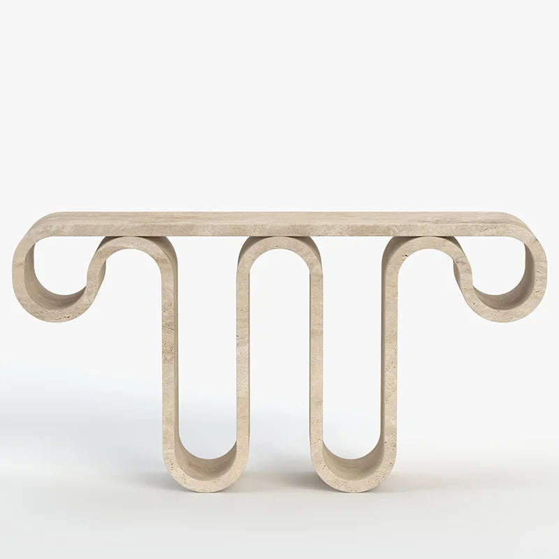 Travertine Marble Console Table Continuous Wave U-Shaped Frame Beige Roman Travertine Sculptural Entryway Furniture Dream Home - Image 7