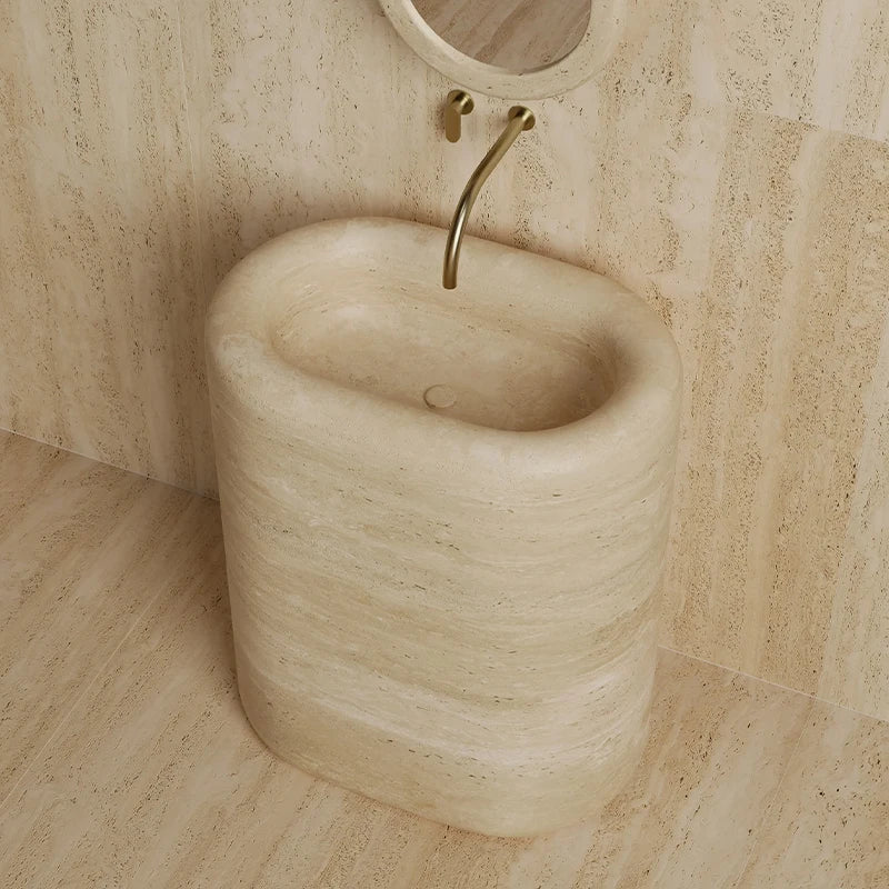 Dream Home Viral Rounded Rectangle Stone Pedestal Sink Whole Block Travertine Marble Freestanding Bathroom Wash Basin - Image 2
