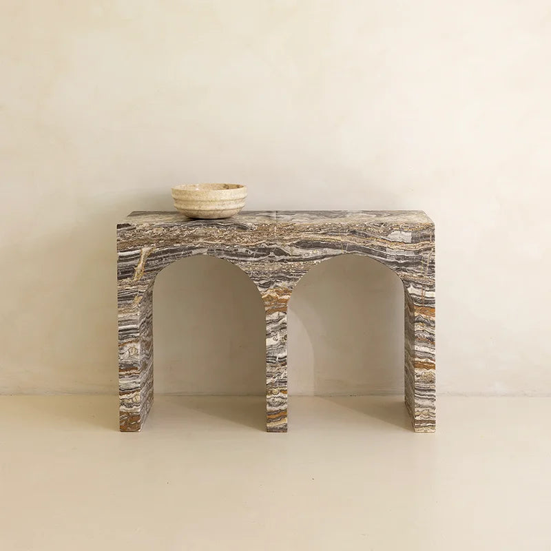 Dream Home Unique Twin Hollow Arch Marble Hall Desk Contrast Grey Brown Band Vein Hand Polished Natural Marble Furnishing - Image 2