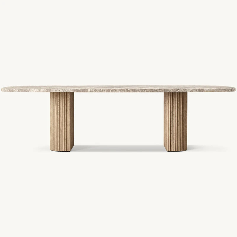 Premium Marble Top Dining Table Weathered Fluted Solid Oak Dual Column Base Rustic Farmhouse Large Family Dining Table - Image 7