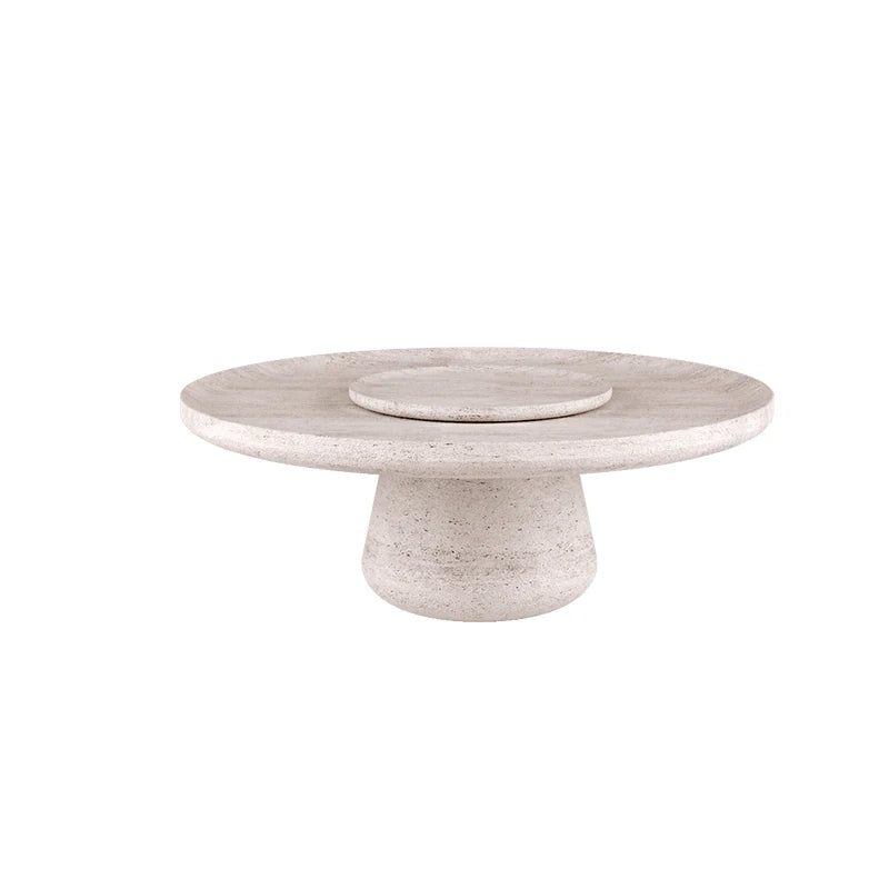 Dream Home Textured Travertine Marble Coffee Table Recessed Mini Round Insert Taper Conical Pedestal Neutral Home Decor Table - Image 2