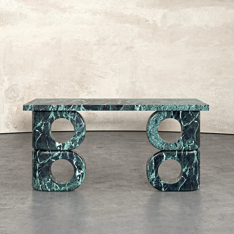 Dream Home Unique Veined Marble Console Table Dual Stack Hollow Round Cutout Block Leg Minimalist Sculpture Entrance Table - Image 8