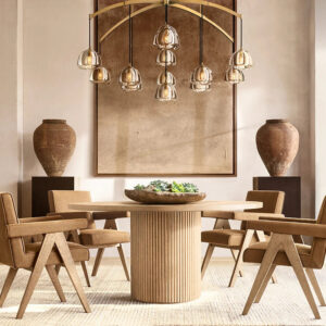 Dream Home Solid Oak Round Dining Table Full Fluted Cylindrical Single Pedestal Base Wabi Sabi Mid Century Home Dining Furniture