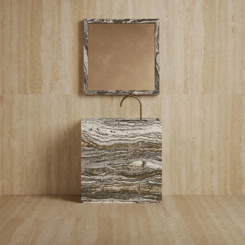 Dream Home Viral Cube Floating Stone Vanity Single Recessed Sink Matching Square Stone Mirror Wabi Sabi Bath Cabinet - Image 9