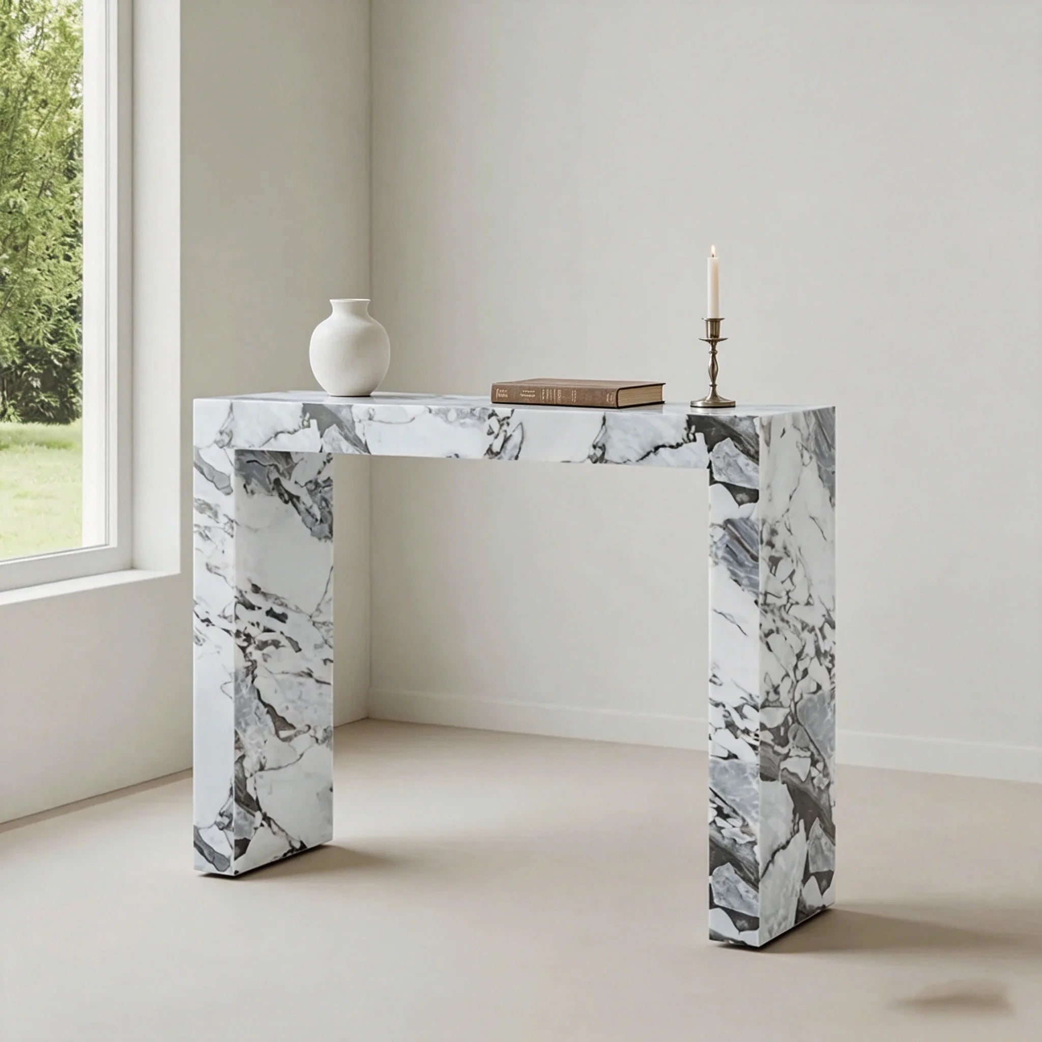 Dream Home Bold Veined Calacatta Marble Console Table All In One U Shaped Thick Slab Minimalist Luxury Entrance Decor Table - Image 5