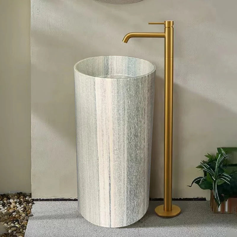 Top Selling Slim Round Freestanding Lavatory Distinct Vertical Striped Travertine Marble Villa & Residential Bathroom Wash Sink - Image 7