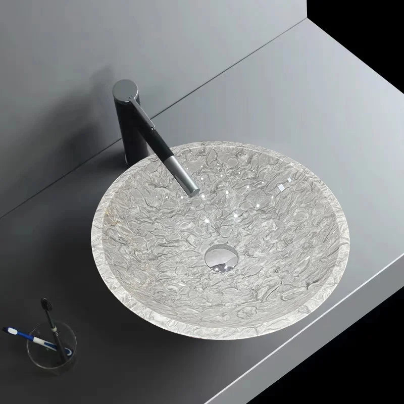 Viral Classic Round Marble Vessel Basin Diverse Natural Mineral Vein Freestanding On Counter Sink Wabi Sabi Bathroom Fixture - Image 7