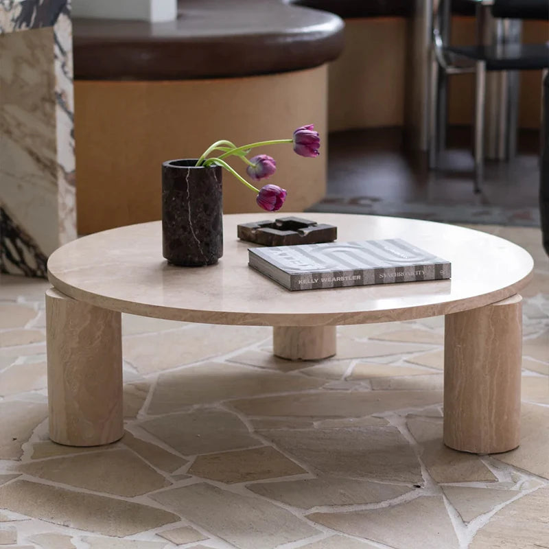 Luxury Natural Travertine Marble Coffee Table Round Stone Tabletop Tri Pillar Base Elegant Villa Living Room Furniture - Image 4
