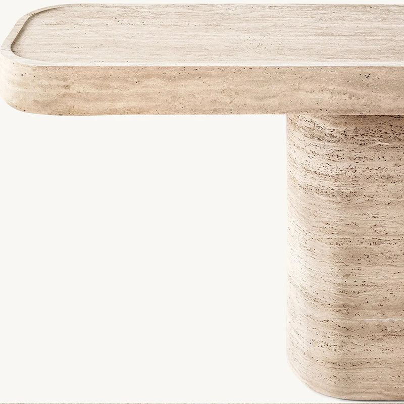 Single Cylinder Pedestal Travertine Marble Console Table Rounded Edge Long Top Wabi Sabi Entryway Stone Accent Console Furniture - Image 4