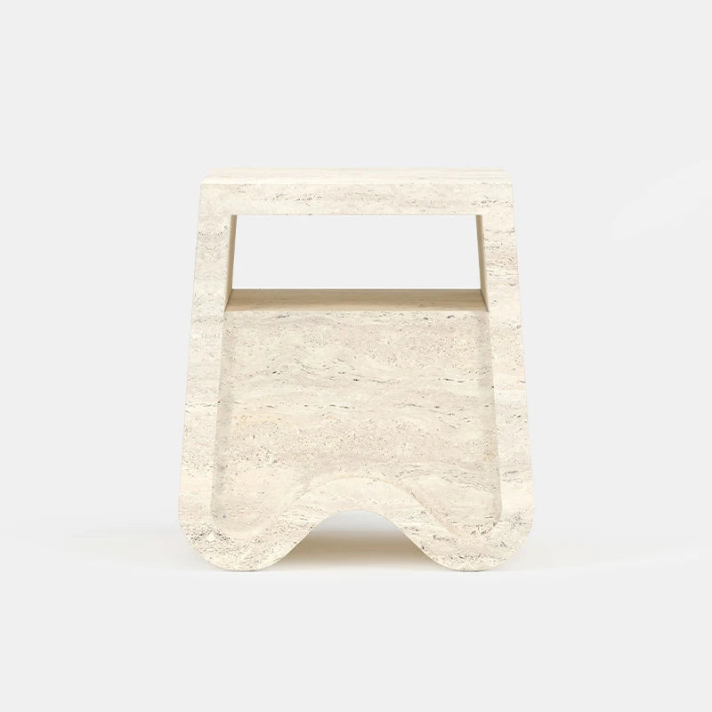 Modern Travertine Side Table Sculptural Wavy Hollow Base With Integrated Storage Shelf Contemporary Home Corner Furniture - Image 7