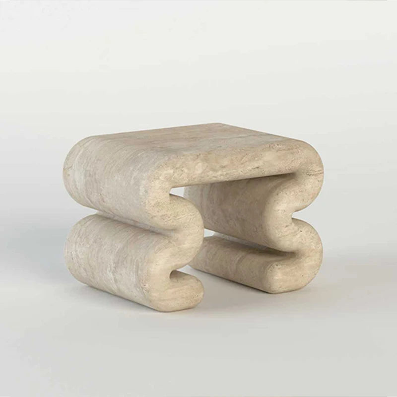 Dream Home Beige Natural Travertine Marble Side Table Square Soft Edge Double Wave Scroll Leg Minimalist Art Accent Table - Image 2