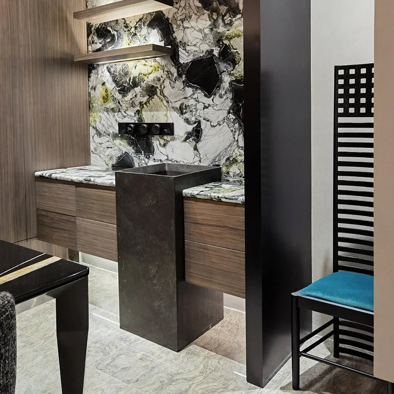 High Inquiry Dark Natural Marble Freestanding Sink Square Tall Column Hand Chiselled Wave Surface Contemporary Bathroom Basin - Image 3