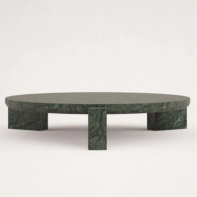 Green Marble Round Coffee Table Solid Block Leg Minimalist Sculpture Living Room Center Table Dream Home - Image 4