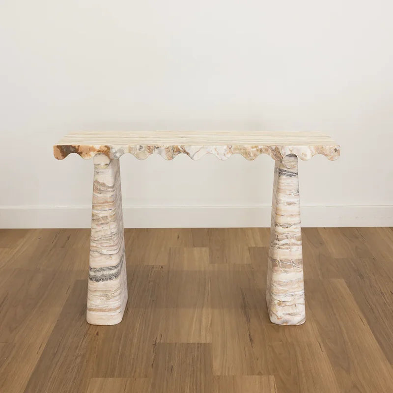 Dream Home Unique Rippled Border Marble Console Desk Dual Slanted Travertine Support Home Entrance Display Table