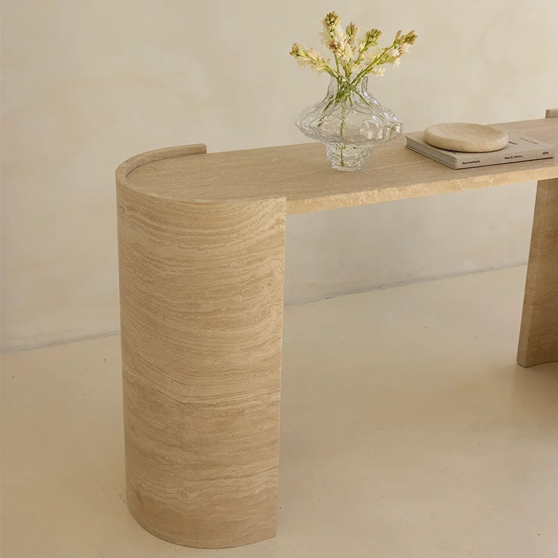 Dream Home Top Selling U Curve Frame Marble Entry Console Twin Integrated Curved Leg Warm Beige Porous Stone Accent Stand - Image 3