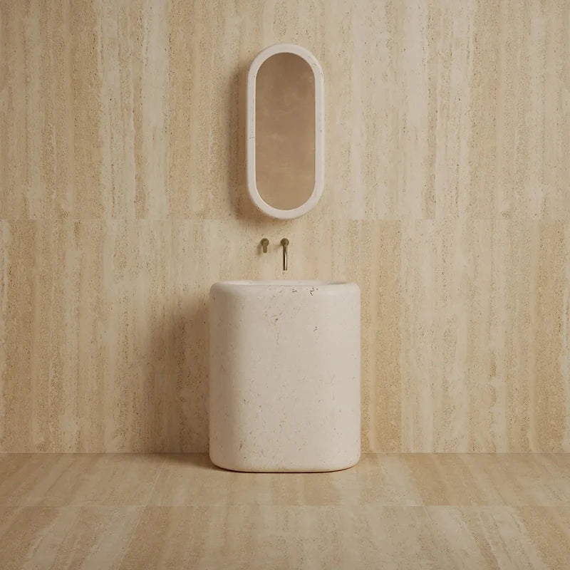 Dream Home Viral Rounded Rectangle Stone Pedestal Sink Whole Block Travertine Marble Freestanding Bathroom Wash Basin - Image 3