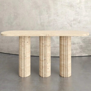 Dream Home Neutral Beige Travertine Console Table Trio Fluted Cylinder Support Elongated Oval Top Minimalist Entry Decor Table
