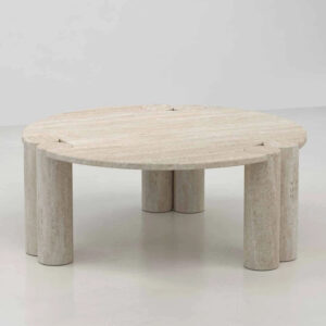 Dream Home Beige Travertine Dining Table Round Top Grouped Twin Cylindrical Legs Wabi Sabi Luxury Villa Dining Table