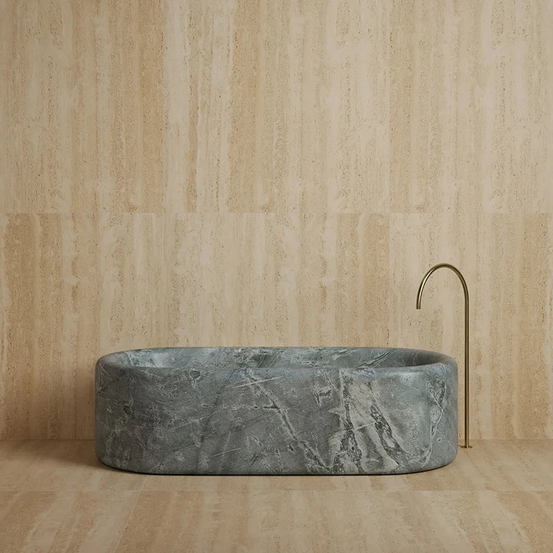 Thick Solid Cube Profile Freestanding Tub One Piece Natural Travertine Marble Multi Stone Grain Villa Master Bathroom Bathtub - Image 11