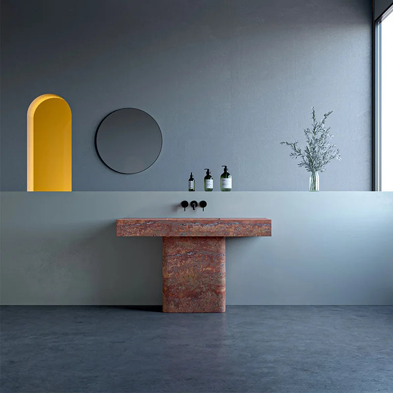 Dream Home T Shape Pedestal Marble Sink Table Integrated Carved Stone Wash Basin For Luxury Bathroom Renovation Project - Image 5