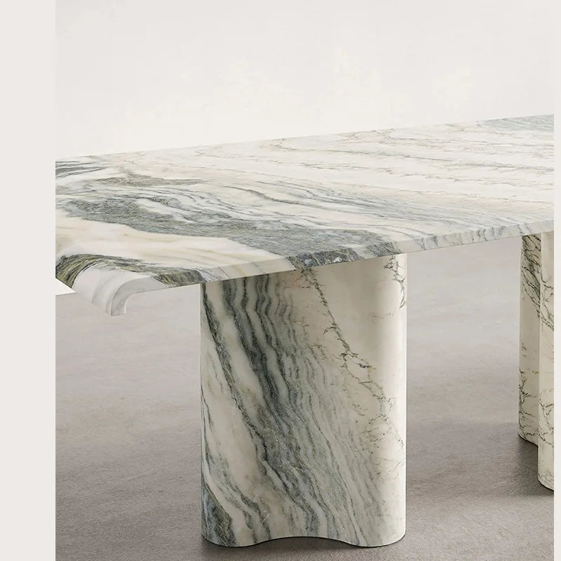 Modern Green Vein Marble Dining Table Rectangle Floating Top Wavy Stone Base Luxury Dining Furniture Dream Home - Image 4
