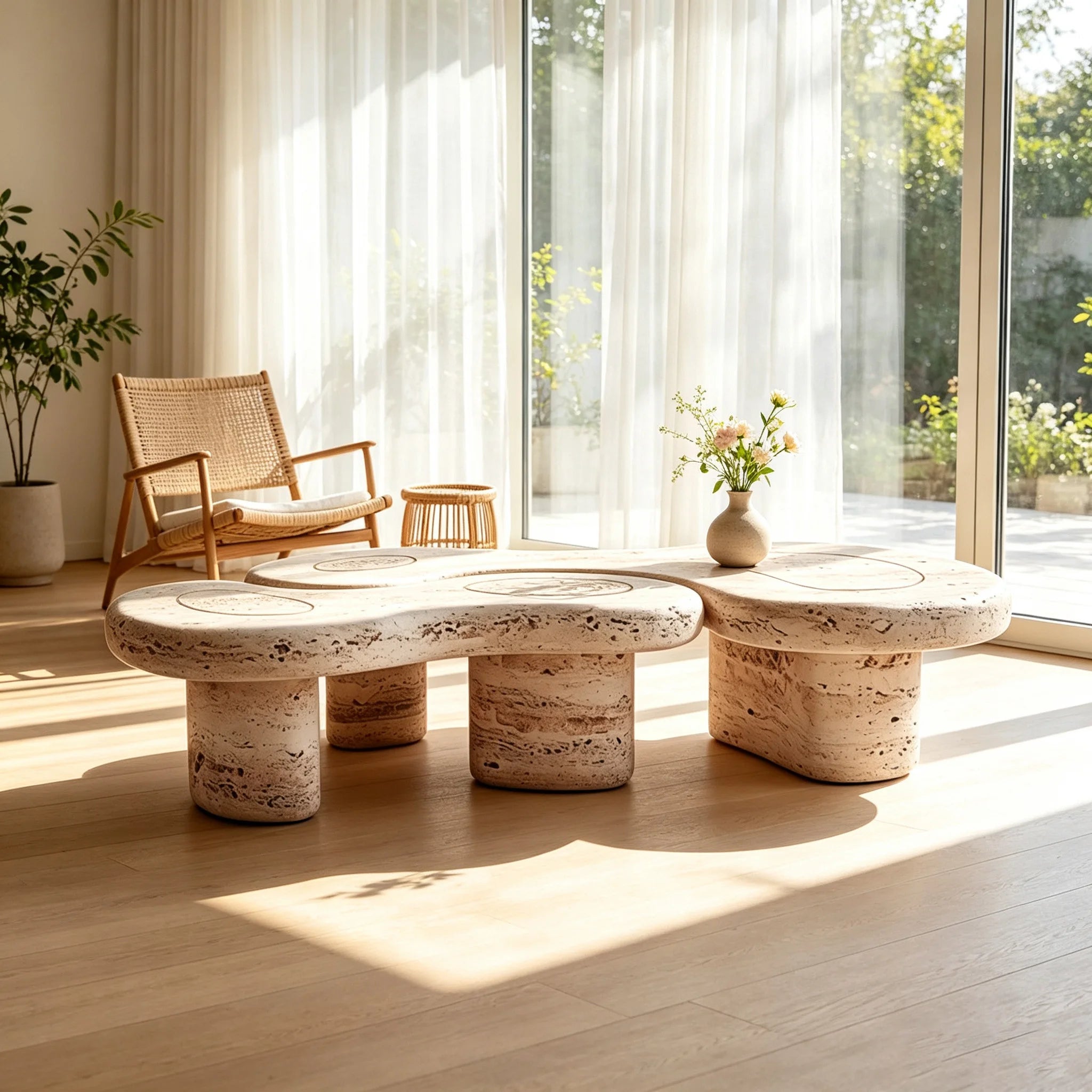 Natural Travertine Marble Cloud Shape Coffee Table Multi Cylinder Legs Organic Wabi Sabi Living Room Table Dream Home - Image 3