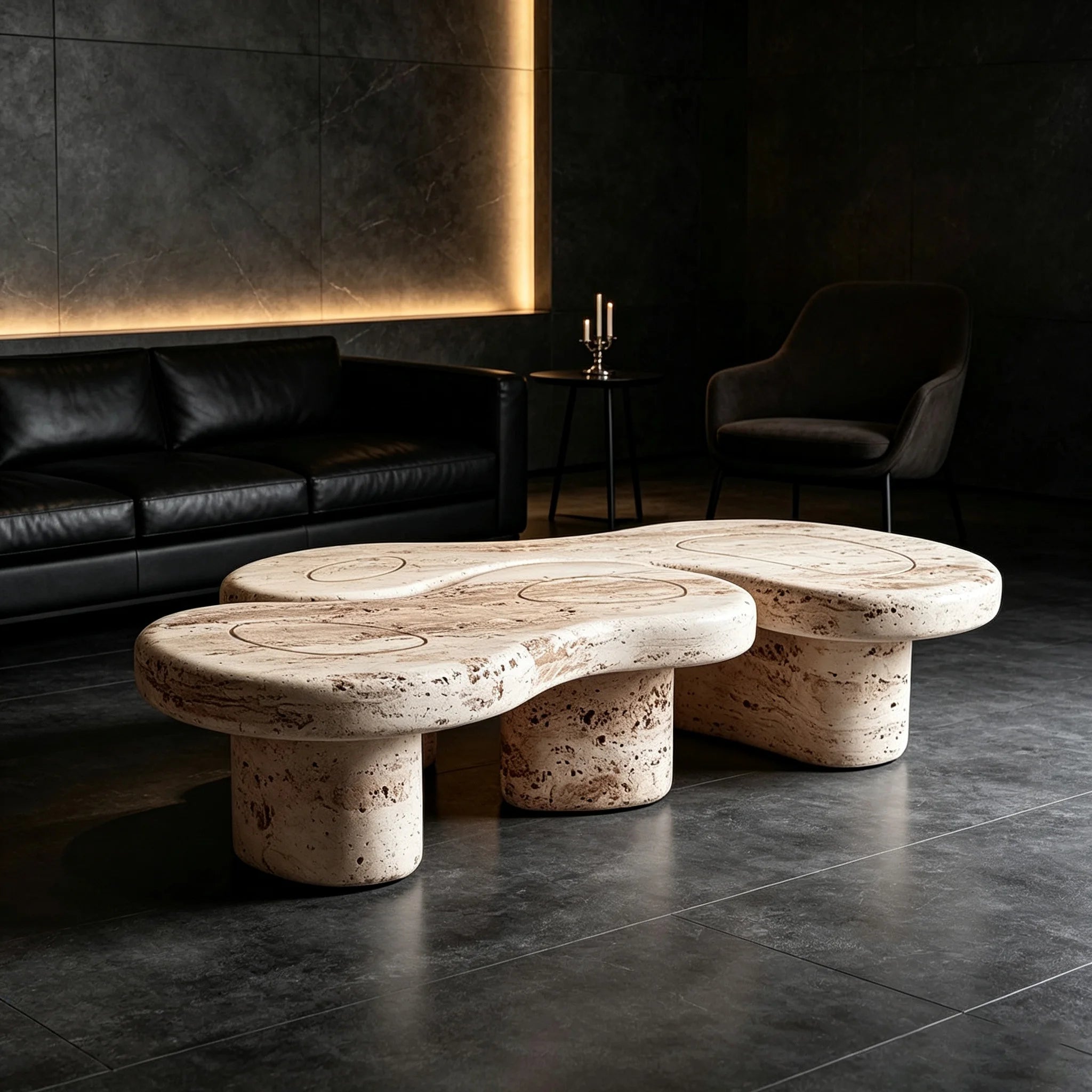 Natural Travertine Marble Cloud Shape Coffee Table Multi Cylinder Legs Organic Wabi Sabi Living Room Table Dream Home - Image 4