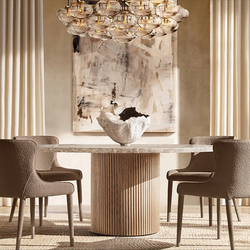 Dream Home Solid Oak Round Dining Table Full Vertical Fluted Cylinder Pedestal Wabi Sabi Villa Dining Room Furniture - Image 5