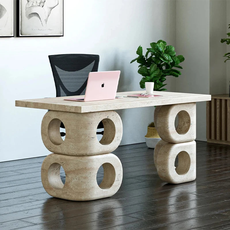 Dream Home Unique Veined Marble Console Table Dual Stack Hollow Round Cutout Block Leg Minimalist Sculpture Entrance Table - Image 4
