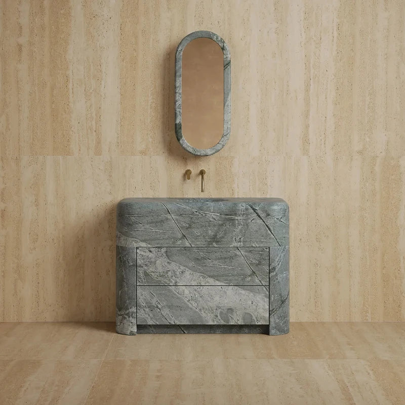 Dream Home Head Turning Pillow Shape Travertine Vanity Freestanding Integrated Basin Minimalist Luxury Bath Sink Unit - Image 11