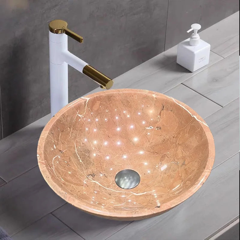 Viral Classic Round Marble Vessel Basin Diverse Natural Mineral Vein Freestanding On Counter Sink Wabi Sabi Bathroom Fixture - Image 14