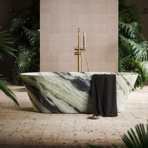 Dream Home Verde Wave Marble Freestanding Bathtub Wide Flared Elongated Oval Taper Sloped Side Layer Streak Spa Tub