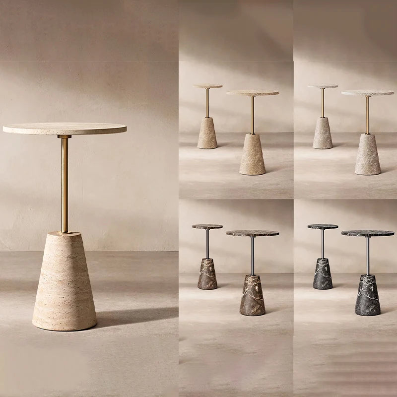 Dream Home Travertine Side Table Conical Base Metal Stem Round Top Wabi Sabi Living Room Accent Furniture - Image 6
