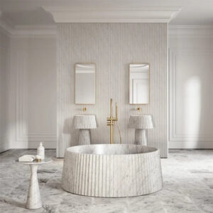Dream Home Carrara Marble Freestanding Bathtub Full Round Cylinder Vertical Reed Fluted Textured Outer Wall Spa Bath Tub
