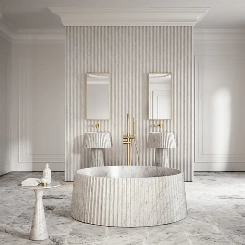 Dream Home Carrara Marble Freestanding Bathtub Full Round Cylinder Vertical Reed Fluted Textured Outer Wall Spa Bath Tub