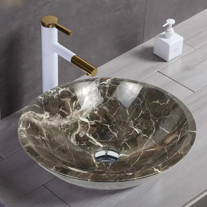 Viral Classic Round Marble Vessel Basin Diverse Natural Mineral Vein Freestanding On Counter Sink Wabi Sabi Bathroom Fixture - Image 12