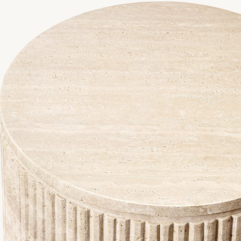 Dream Home Travertine Marble Side Table Fluted Cylinder Form Round Top Wabi Sabi Living Room Accent Table - Image 4