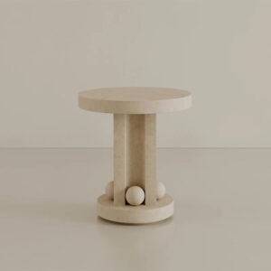 Dream Home Artistic Sculptural Side Table Natural Travertine Round Top with Fluted Column and Spheres Home Decor Table