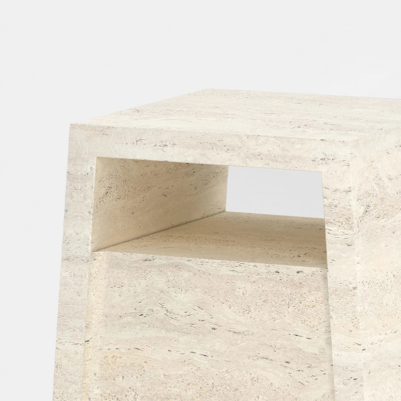 Modern Travertine Side Table Sculptural Wavy Hollow Base With Integrated Storage Shelf Contemporary Home Corner Furniture - Image 4
