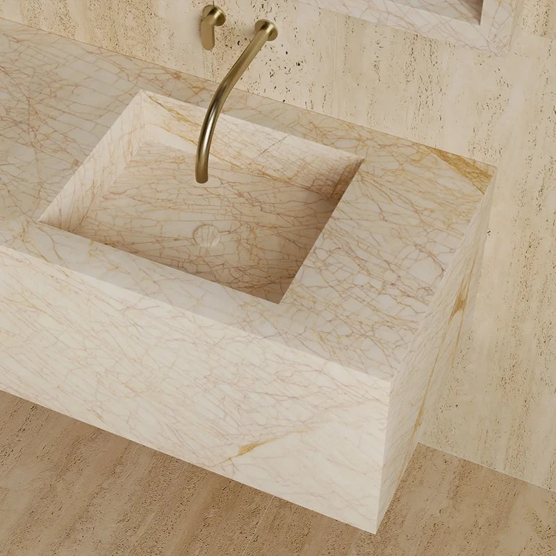 One Piece Whole Marble Floating Vanity Deep Recessed Dual Sink Design Light Neutral Stone Tone Modern Open Concept Bath Basin - Image 2