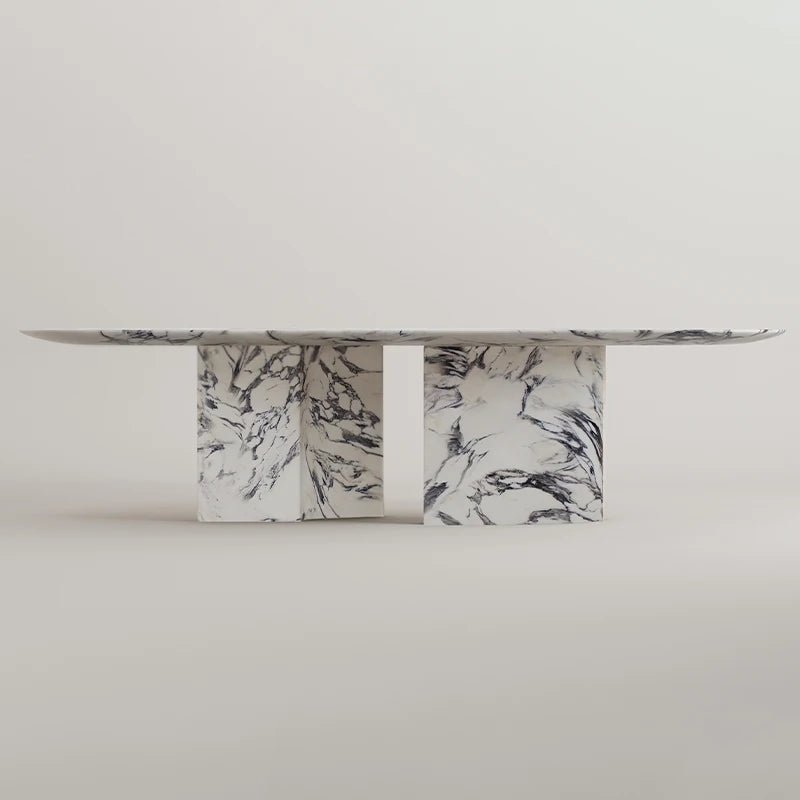 Dream Home Arabescato Marble Dining Table Oval Racetrack Top With Dual Solid Column Bases Minimalist Modern Dining Table - Image 6