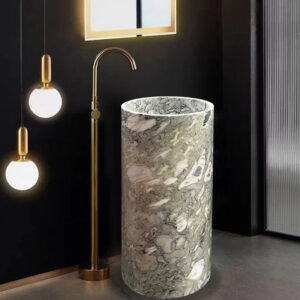 Premium Sculptural Cylindrical Pedestal Sink Unique Grey Patchwork Vein Solid Marble Freestanding Luxury Wash Lavatory
